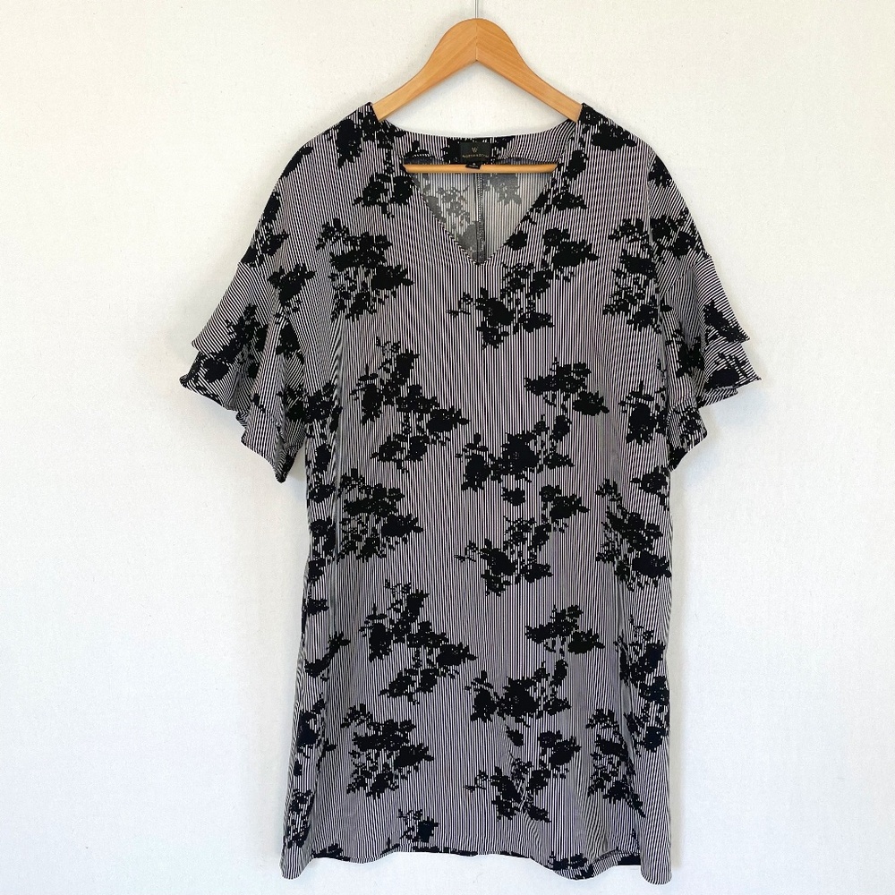 WORTHINGTON Large Floral Black & White Pinstripes Ruffle Sleeves Dress